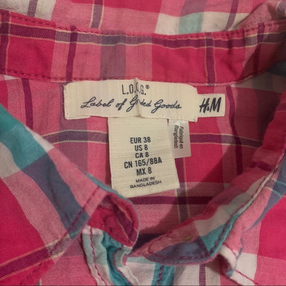 pink blue plaid short sleeve button up shirt - Picture 3 of 4